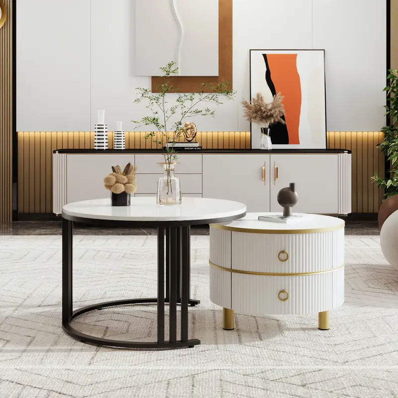 2024 High Quanlity 2-in-1 round MDF coffee table with 1 high-gloss table top and 1 side table with brown tempered glass tabletop, living room coffee table set with 2 drawers, 70*70*45 + 50*50*40 cm Modern Furniture Coffee Table for Living Room 7