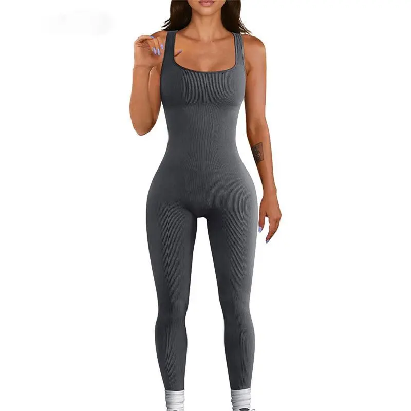 【50 %off】Women Yoga Jumpsuits Summer Sleeveless Ribbed Knit Square Neck Body con Slim Fit Pants Solid Color Workout Sports Outfits 3