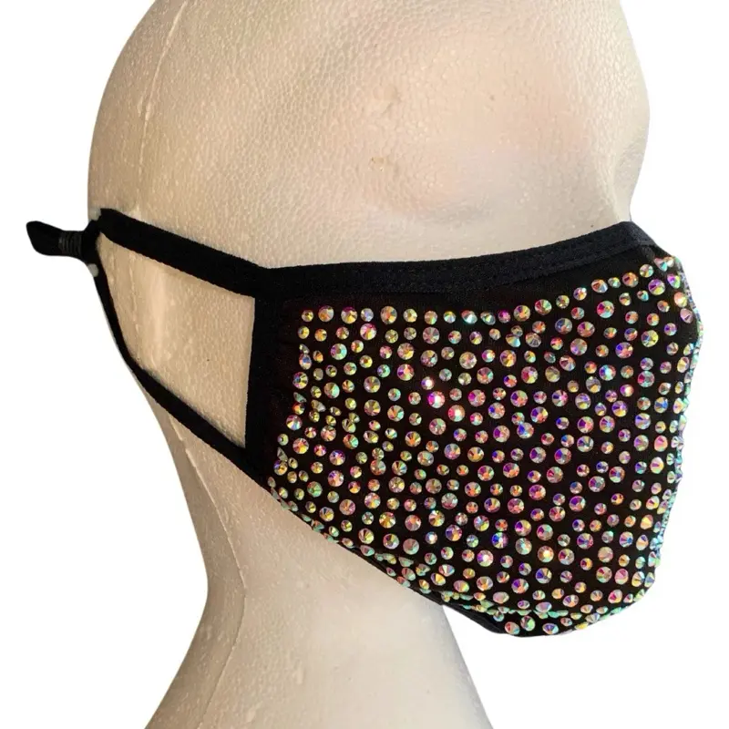 Women's Rhinestone Double Layer Face Mask - Sparkly AB Rhinestones - Adjustable Ear Straps - Filter Pocket - Festival Fashion