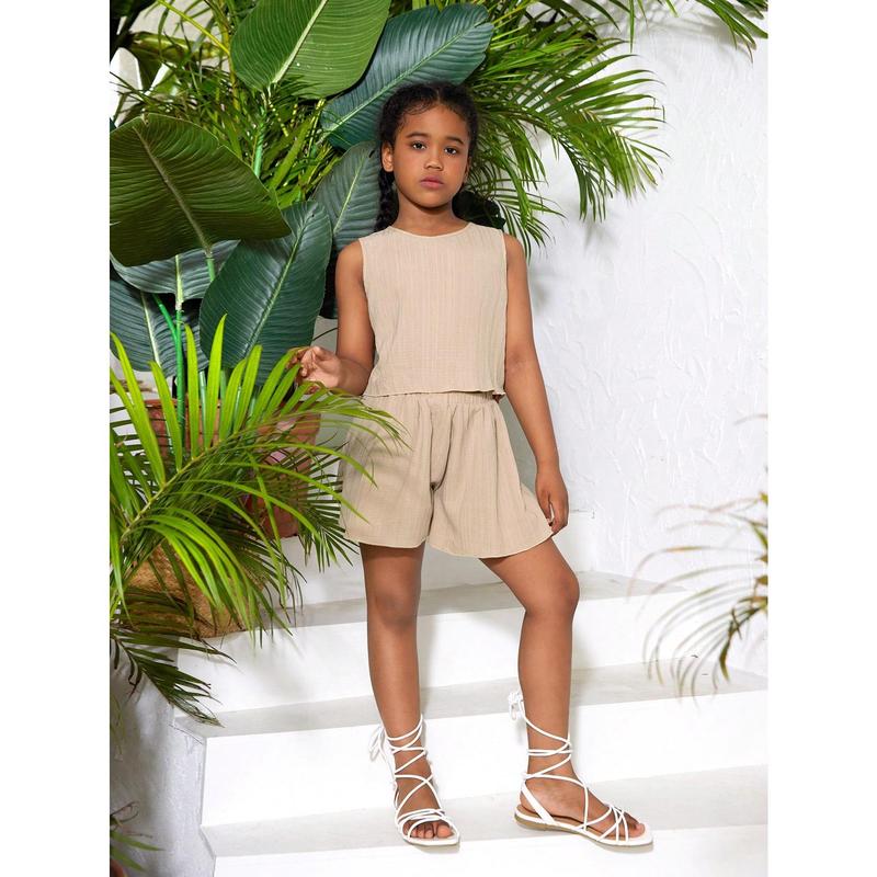 Tween Girl Casual Spring/Summer Solid Color Woven Sleeveless Top And Casual Shorts Set 0