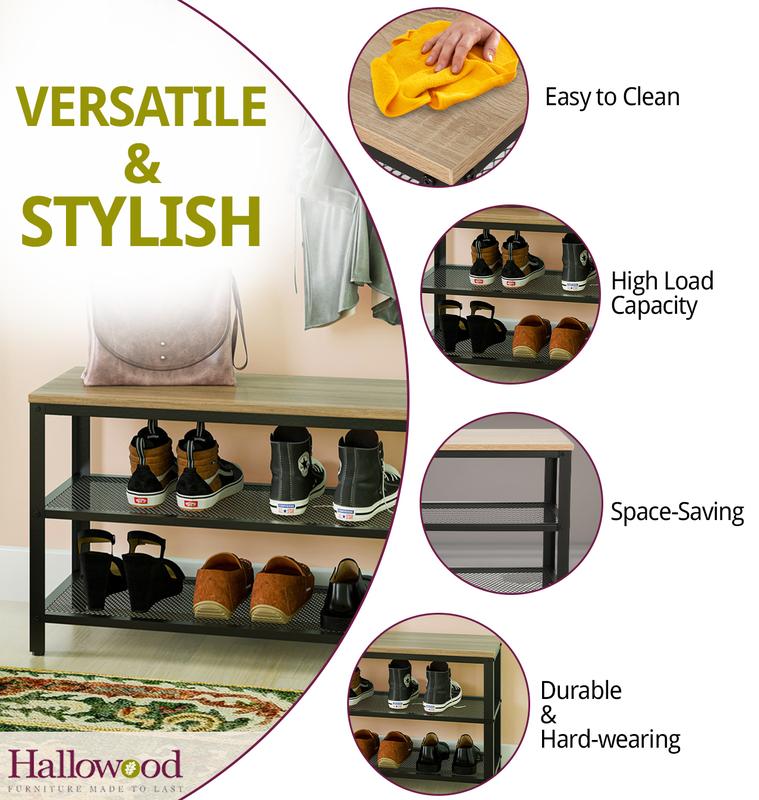 Hallowood Furniture Malvern 2 Tier Metal Shoe Rack with Wooden Oak Effect Top, Modern Shoe Storage, Shoe Rack Storage Organiser Shelf, Small Entryway Bench, Narrow Shoe Rack for 6 Pairs of Shoes 3