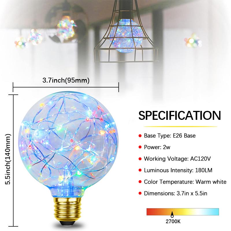LED Fairy Light Bulb，G95 E26 Warm White Edison Screw Night Lights,Flash Starry Decorative Copper Wire String Lights for Bedroom Living Room Festival Christmas, Non-dimmable 7