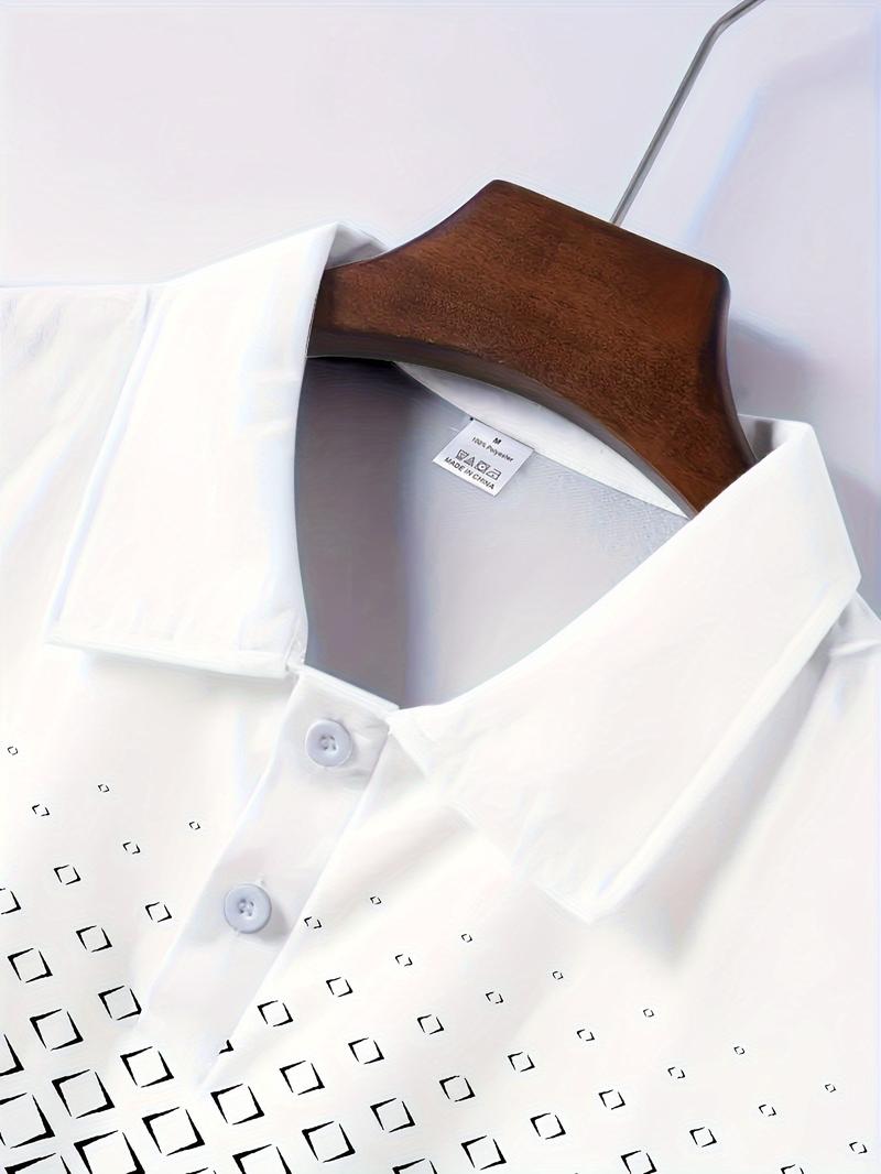 Product Introduction of Men'S Casual Short Sleeve Lapel Collar Shirt with Diamond Print, 100% Polyester Knit Fabric, Slight Stretch, Regular Fit, Spring/Fall Lapel Collar with Button Detail 3
