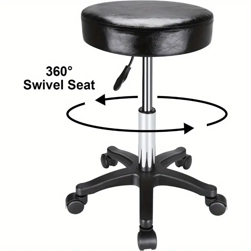 Round Rolling Stool Chair PU Leather Adjustable Swivel Stool 360° Rotatable Hydraulic SPA Salon Tattoo Work Office Chair Modern Industrial Metal Style Work Massage Stools on Wheels (Black) 4