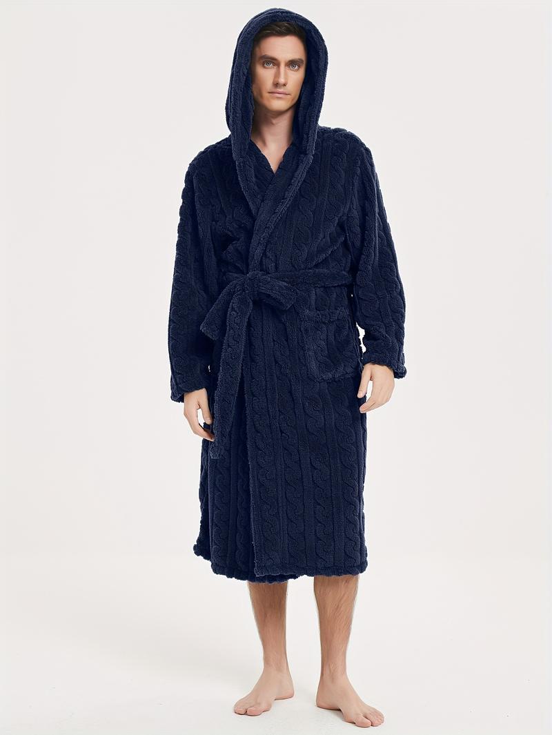 Product Introduction of Men's Comfy Solid Fleece Robe Home Hooded Pajamas Wear With Pocket & Hair Dry Hat, One-piece Lace Up Kimono Night-robe Warm Sets After Bath 5