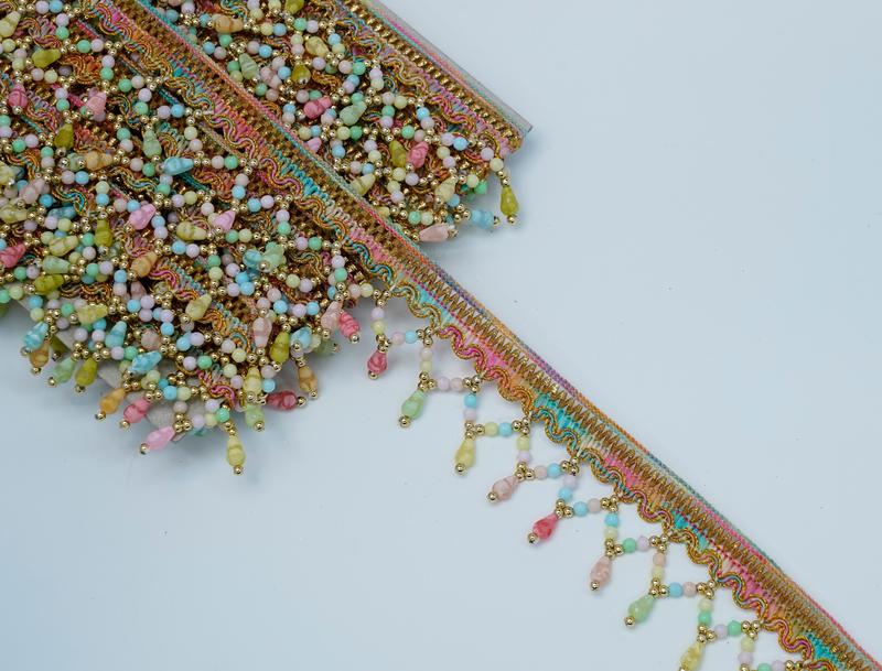 2 Yrds Beaded Multicoloured Fringe Scalloped Shape Pearl Vintage Style Trim Ribbon Sewing on Edging Perfect for adding a touch of vintage charm to wedding stationery or craft projects Decoratiing Lamp Shade,Curtain edging,table cloth edging Decoration 3