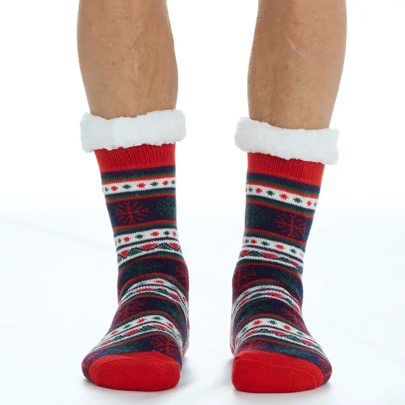 1 Pair Mens Christmas Chunky Warm Slipper Socks Lounge Socks Thermal Non Slip Festive Fair Isle Navy Red Pattern Sherpa Fleece Lined Non Slip  Bed Socks Winter Socks for Him UK 6-11 Navy Thick Warm Mid Calf Christmas Socks Menswear Underwear Thick 5