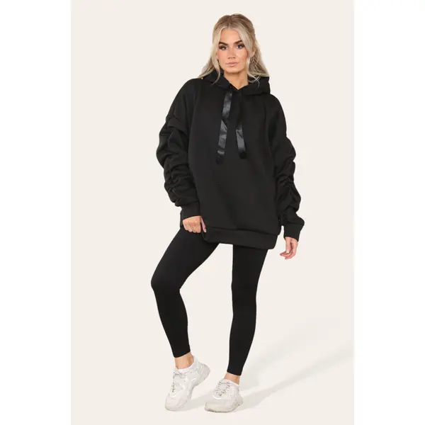 Chic Oversized Ruched Sleeve Hoodie with Satin Ribbon for Effortless Style