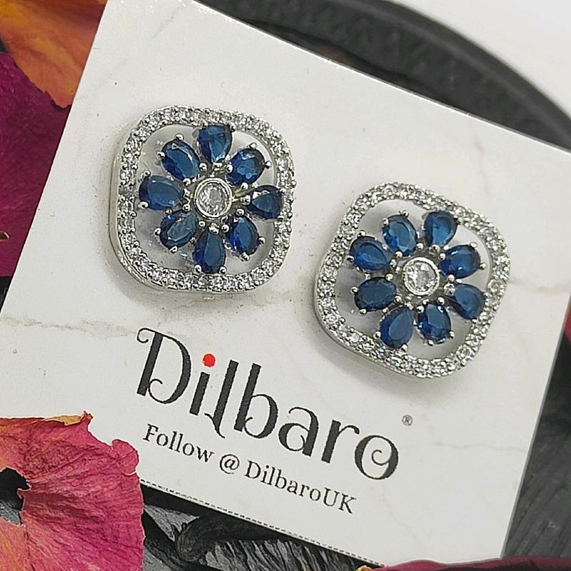 Dilbaro Silver Plated Zircon Stud Earrings AD Earrings AD Studs Premium Jewellery Green and Blue stone Ethnic Jewellery 6