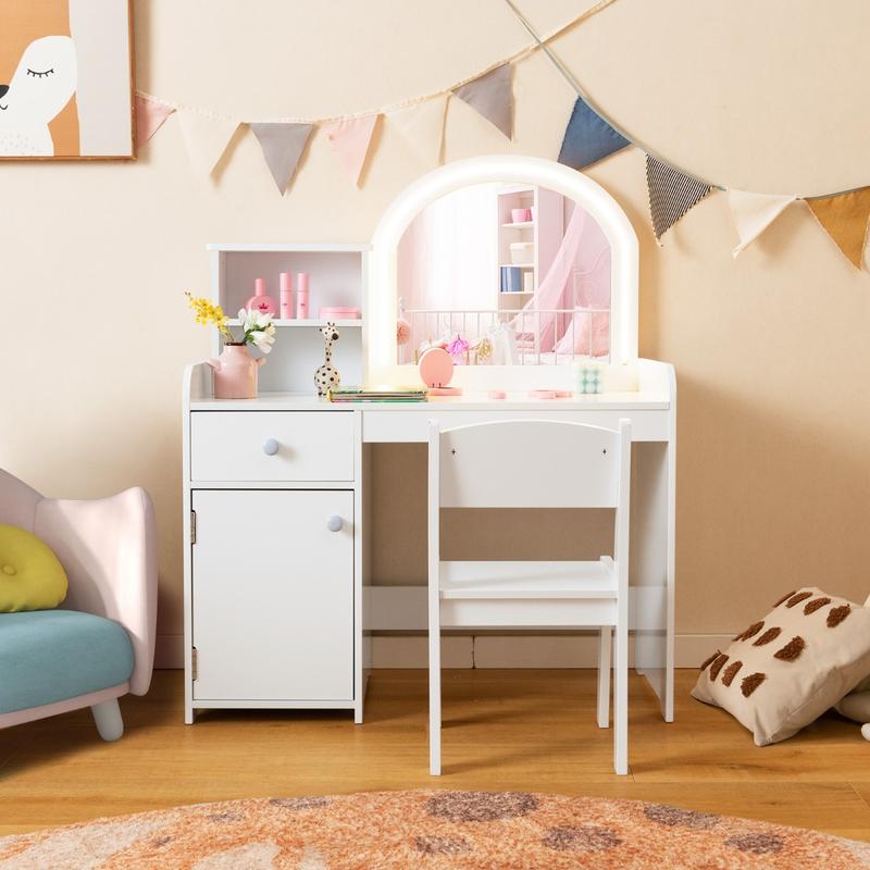 COSTWAY Kids Vanity Table and Chair Set with Shelves Drawer and Cabinet 1