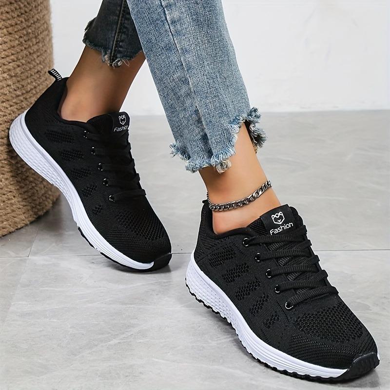 Women's Lightweight Mesh Athletic Sneakers - Breathable, Lace-Up Running Shoes with EVA Sole, Fashionable Black Casual Walking Footwear 1