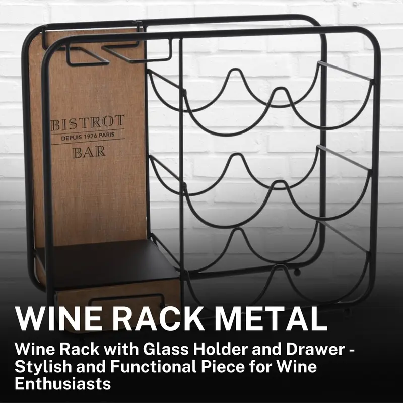 Metal Wine Rack with Glass Holder and Drawer - Sturdy and Stylish - 35x15x31cm Utensils Wooden Bottle 1