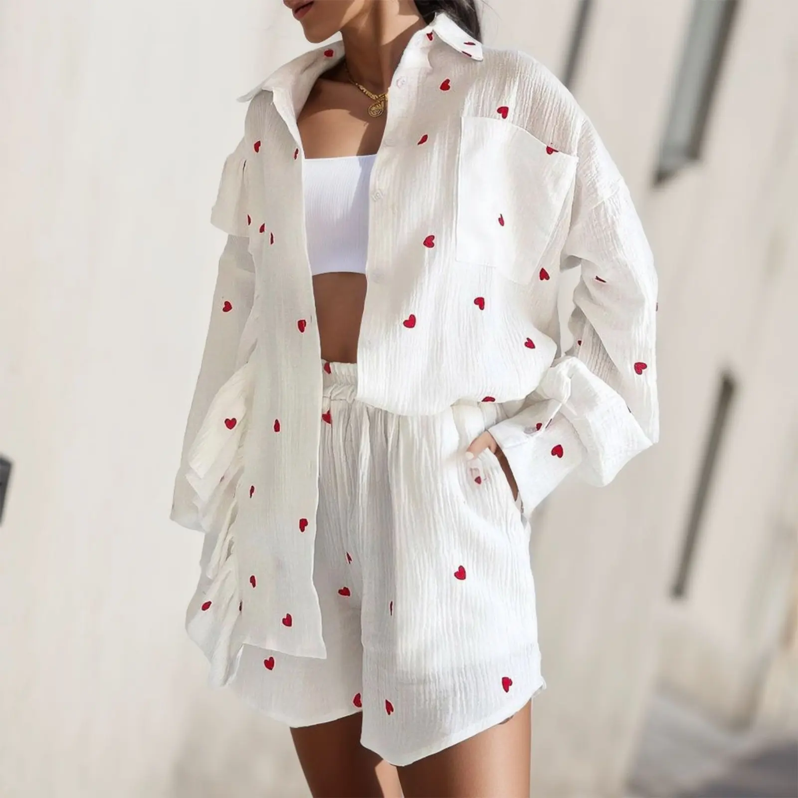 Women's Sweet Love Heart Print Ruffles 2 Piece Outfits Fashion Shirt+Short Lounge Sets Long Sleeve Cotton Linen Home Suits
