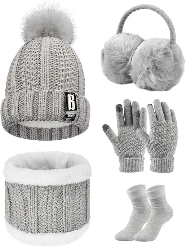 Women's Winter Knitted Hat and Scarf Set with Touch Screen Gloves, Earmuffs, and Stockings for Ski Outings