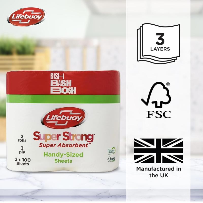 24 x Lifebuoy Super Strong Kitchen Roll - 100 Sheets (Per Roll)(2,400 SHEETS) - 6 Packs of 4 Rolls - 3PLY Layer Embossed Sheets for Absorbency - Strong & Durable - Cleaning Wipes 5