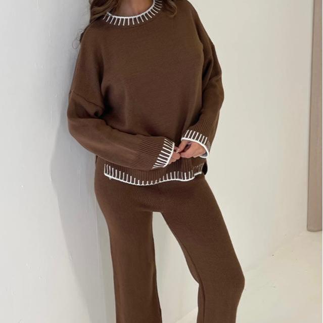 Product Introduction of Women's Stitched Knitted Jumper Top Wide Leg Trousers 2PCS Co ord Loungewear Set Long Sleeve Winter Basic Comfort Womenswear Casual Comfortable Coord Fit Overalls 13