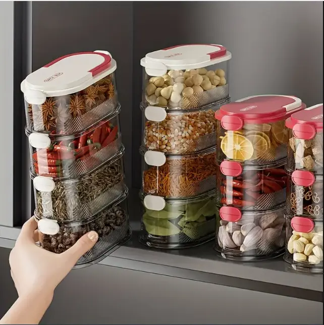 4-Tier Stackable Spice Containers Set, Multipurpose Plastic Storage with Latch Closures, Reusable Hand Washable Kitchen Organizer for Seasonings, Herbs, and Condiments - Use Without Electricity