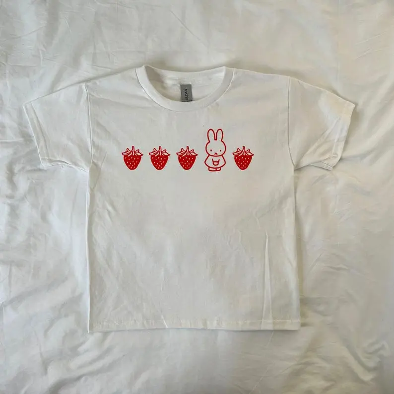 Screenprinted Strawberry Miffy Tee, soft girl , y2k, Pinterest ,vintage cartoon, preppy, cute bunny, kawaii, Harajuku Fashion, Coquette