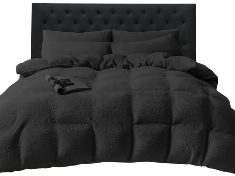 Ferry Homeware Teddy Fleece Duvet Set, Fluffy Fleece Bedding Duvet Cover Sets, Warm Luxury Super Soft Double Duvet Set with Pillow Cases, 100% Polyester Teddy Bear Bedding (Silver Grey) Machine Wash Stripes 1