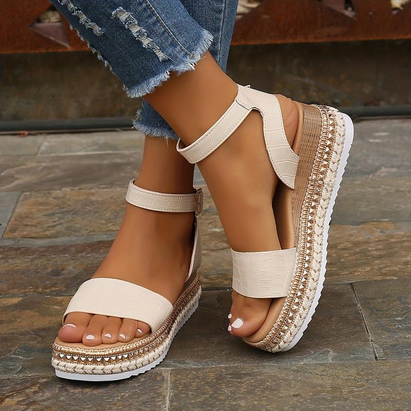 Product Introduction of Women's Platform Wedge Sandals, Rivet Open Toe Ankle Buckle Strap Espadrilles Shoes, Casual Outdoor Sandals 0