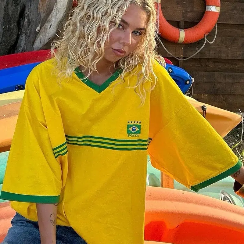 Brazil Embroidery Yellow Tshirt Casual Loose Medium And Long Sleeves Y2k Clothing Tops Oversized T-shirt Beach Summer Women Tees Womenswear Underwear Lady Streetwear 1
