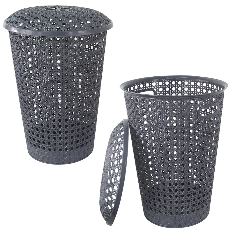 Small Plastic Laundry Basket with Lid and Handles, 48 Litre Basket storage Hamper in Grey, Taupe or White,, 39cm x 26cm x 52cm Organiser Rattan 6