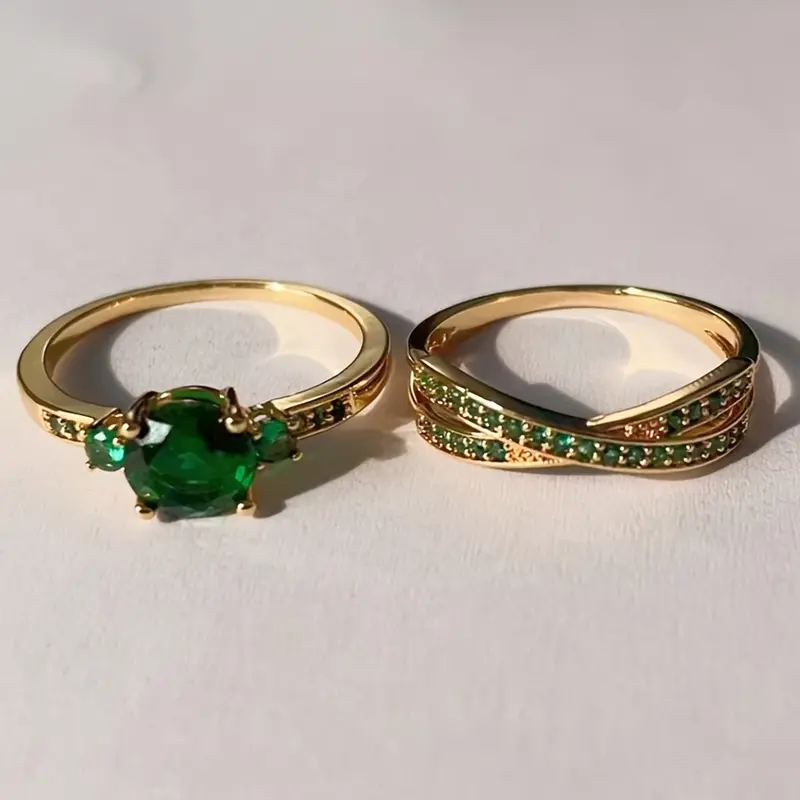 Elegant Golden-Tone Ring Set with Green Gemstone and Crystal Accents – Stylish Multi-Band Design for Daily Wear or Gifting, Daily Wear Jewelry|Stacked Ring Design|Precious Metal Look 2