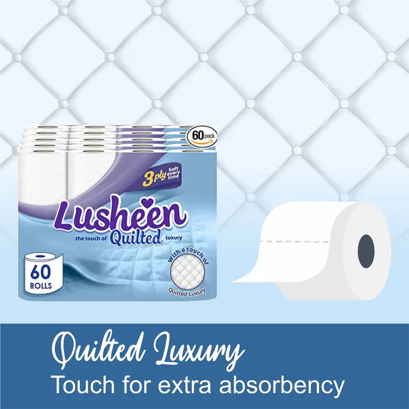 60 Lusheen White Toilet Rolls-3 Ply Soft Touch Toilet Rolls-Super Quality Embossed Toilet Tissue Rolls Provide Ultimate Quilted Comfort 7