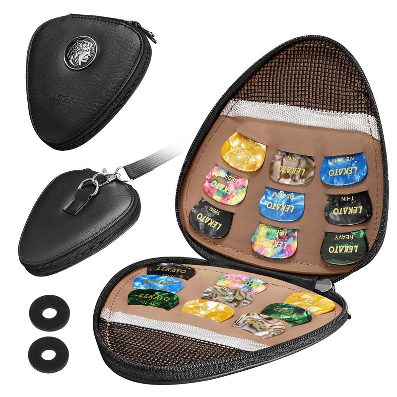 LEKATO Guitar Picks Holder with 18 Picks, Portable Leather Guitar Pick Bag, Celluloid Guitar Plectrums, Accessories for Acoustic/Electric Guitar Bass Ukulele, Gift for Guitar Beginners 1