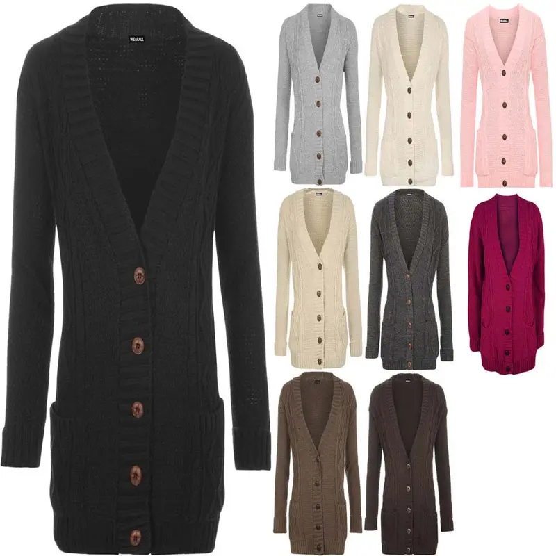 Women Ladies Long Sleeve Button Top Chunky Aran Cable Knitted Grandad Cardigan 8-22 Fit Knitwear Winter Casual 0