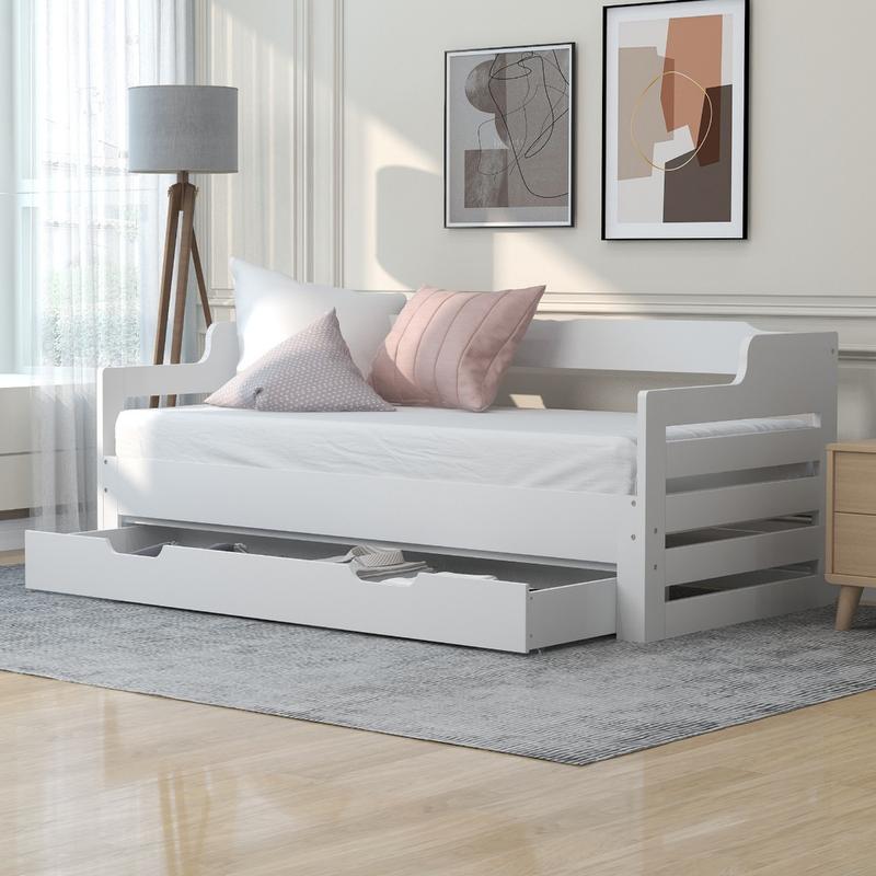 Single Bed Turns Into Double, Pull Out Sofa Bed Double with Trundle and Storage Drawer, Cabin Daybed for Living Room and Bedroom, 90 X190 CM - White (No Mattress) 7