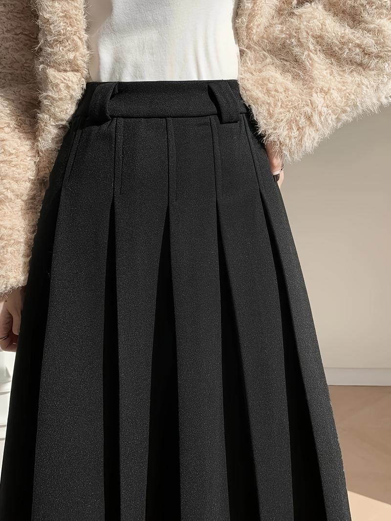 Product Introduction of Chic A-Line Pleated Midi Skirt - 100% Polyester Solid Color Woven Fabric, Beltless Design for Fall/Winter Fashion, Stylish and Comfortable Wear for Women 2