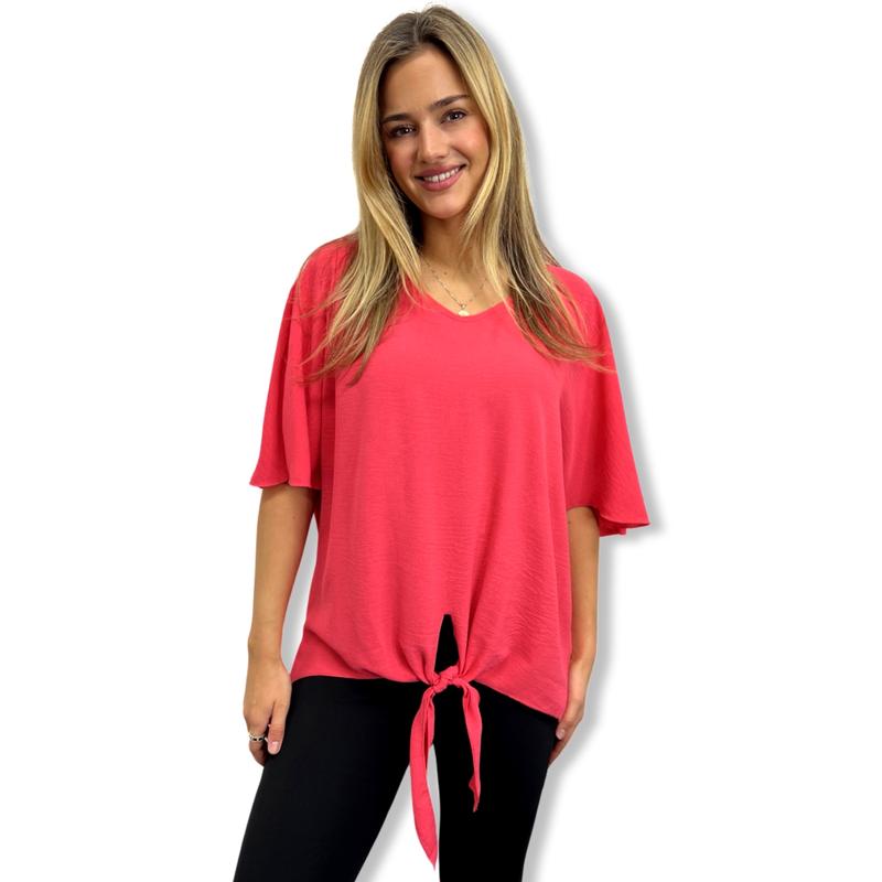 JCUKOUTLET TIE-UP BLOUSES 15 PLAIN COLORS V NECK FLUTTERING BATWING SLEEVES FRONT KNOT PLUS SIZE WOMEN'S FASHION FITS UP TO UK10-20 1
