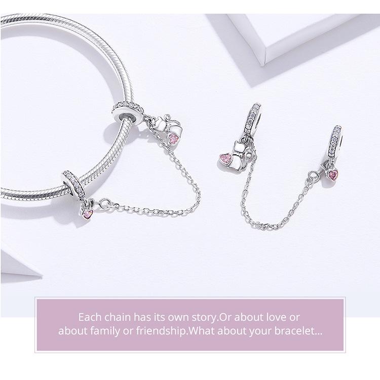 Genuine 925 Sterling Silver I Love My Cat Safety Chain Charm Bead With Cubic Zirconia Compatible With Pandora Bracelets 4