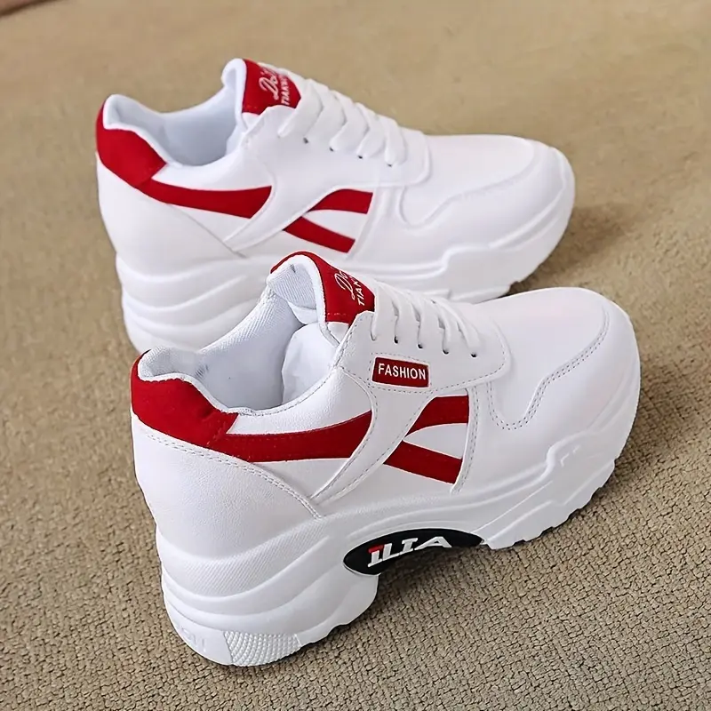 Women's Casual Dad Sneakers - White with Red Accents, Thick 8cm Sole, Lace-Up, All-Season Versatile Height Increase Shoes, Casual Footwear|Chunky Sole Sneakers|Durable Rubber Sole