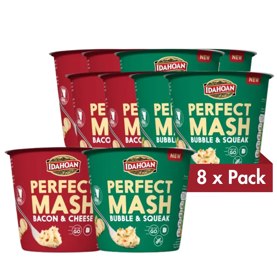 Idahoan Perfect Mash Bacon & Cheese and Bubble & Squeak 55g Pots Pack of 8. Snack, On the Go