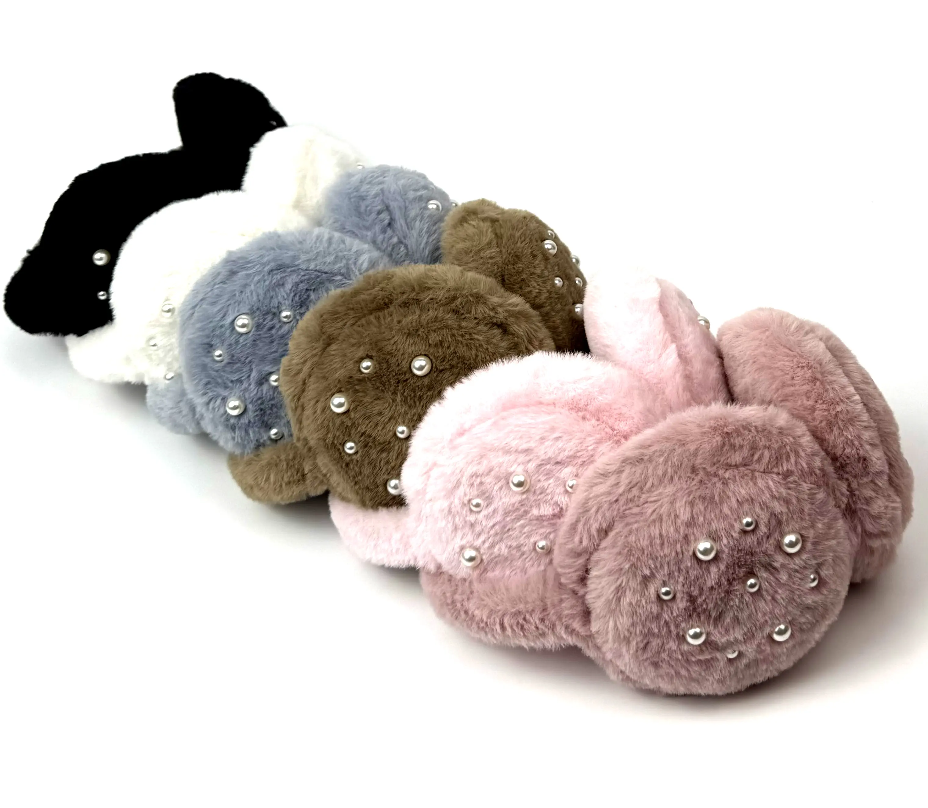 Earmuffs Ear Warmers for Women Ladies Kids One Size - Extendable Soft Plush With Ivory Pearls Detail