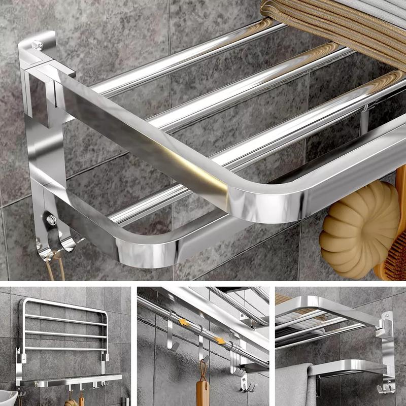 Double Tier Towel Rail Holder Wall Mounted Bathroom Rack Shelf With Hook Folding 1