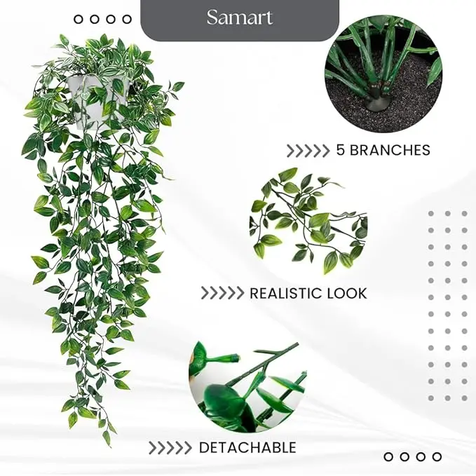 Artificial Hanging Plants Pack of 2 with White Pots Fake Plant Datura Vines Leaves Potted Decor Home Decoration for Indoor Outdoor Wall Room Patio Office Table Shelf Gifts for Christmas Easter Decorative Fruit Ornaments Faux 5