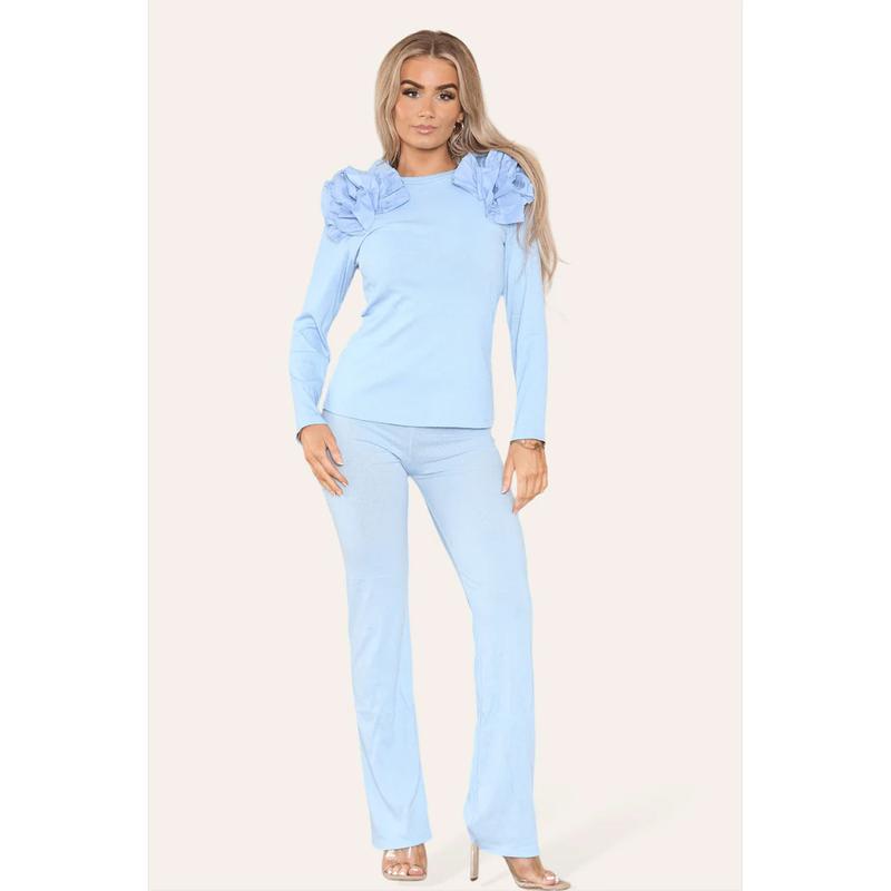 Ruffle Frill Shoulder Ribbed Loungewear Co-Ord Top & Trouser Set Womenswear Bottom Comfortable Cute 6