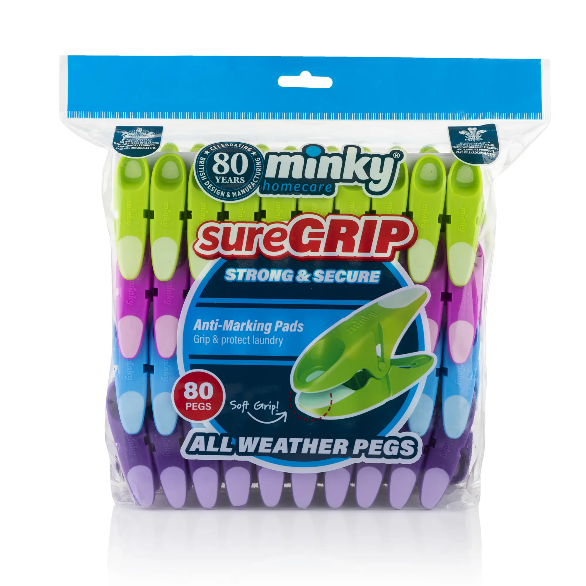 Minky 80 Pack of sureGRIP Pegs - Strong Heavy Duty Clothes Clips For Washing Line Airer