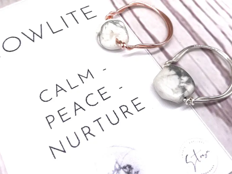 Howlite Ring,  Handmade White Crystal Ring - Natural Gemstone Wire Wrapped Jewellery - Small Gifts For Calm and Peace 0
