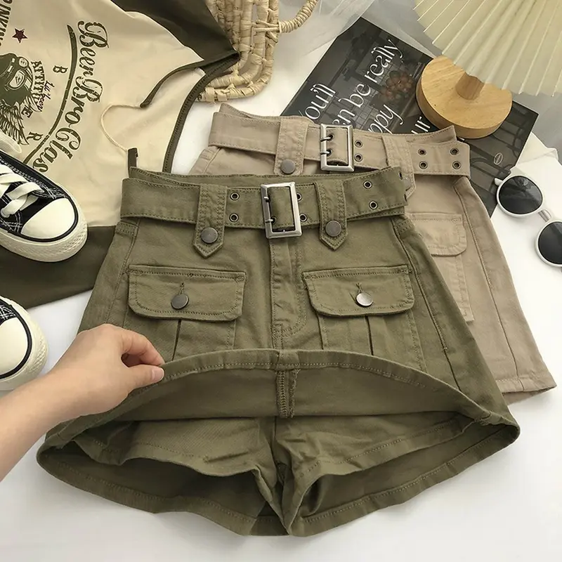(ships from UK)Women's Solid Color Pockets Belt Decor Shorts (Size 6-14) 3