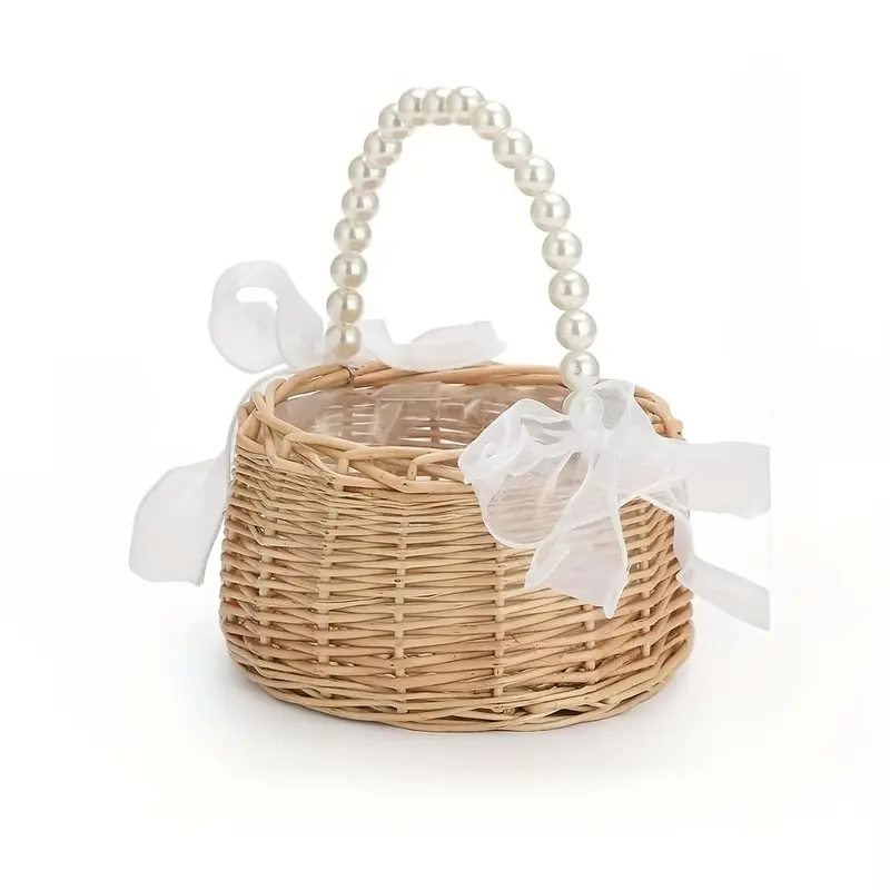 A Handcrafted Wicker Flower Girl Basket with a Pearl Handle And Bow - Ideal for Weddings, Easter, And Party Gifts (Brown) 2
