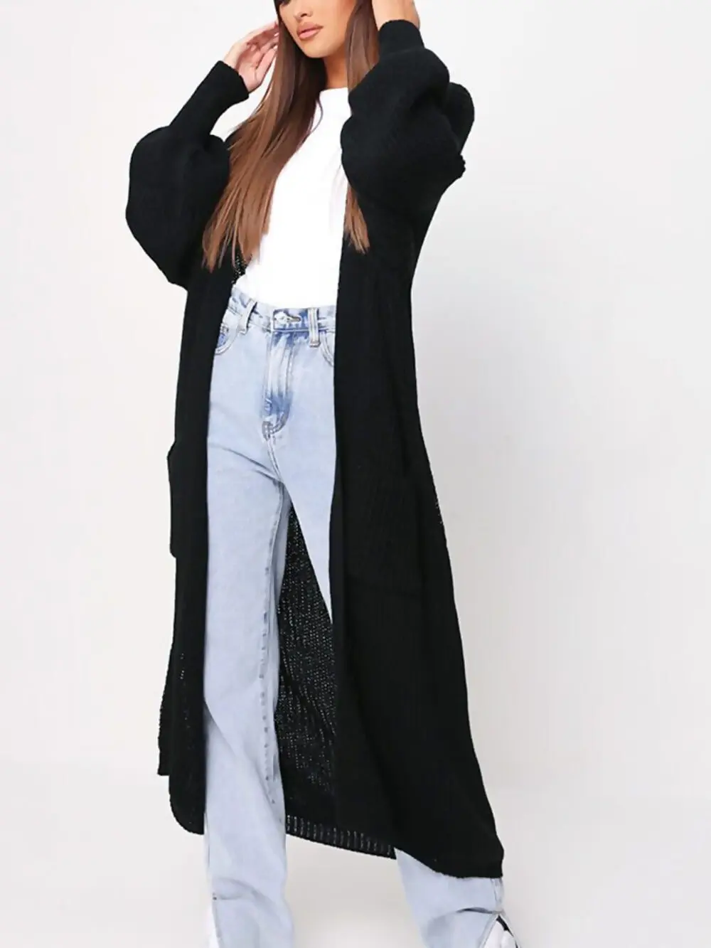BLACK LONGLINE BALLOON SLEEVE KNITTED 2 POCKET CARDIGAN Knitwear Lightweight