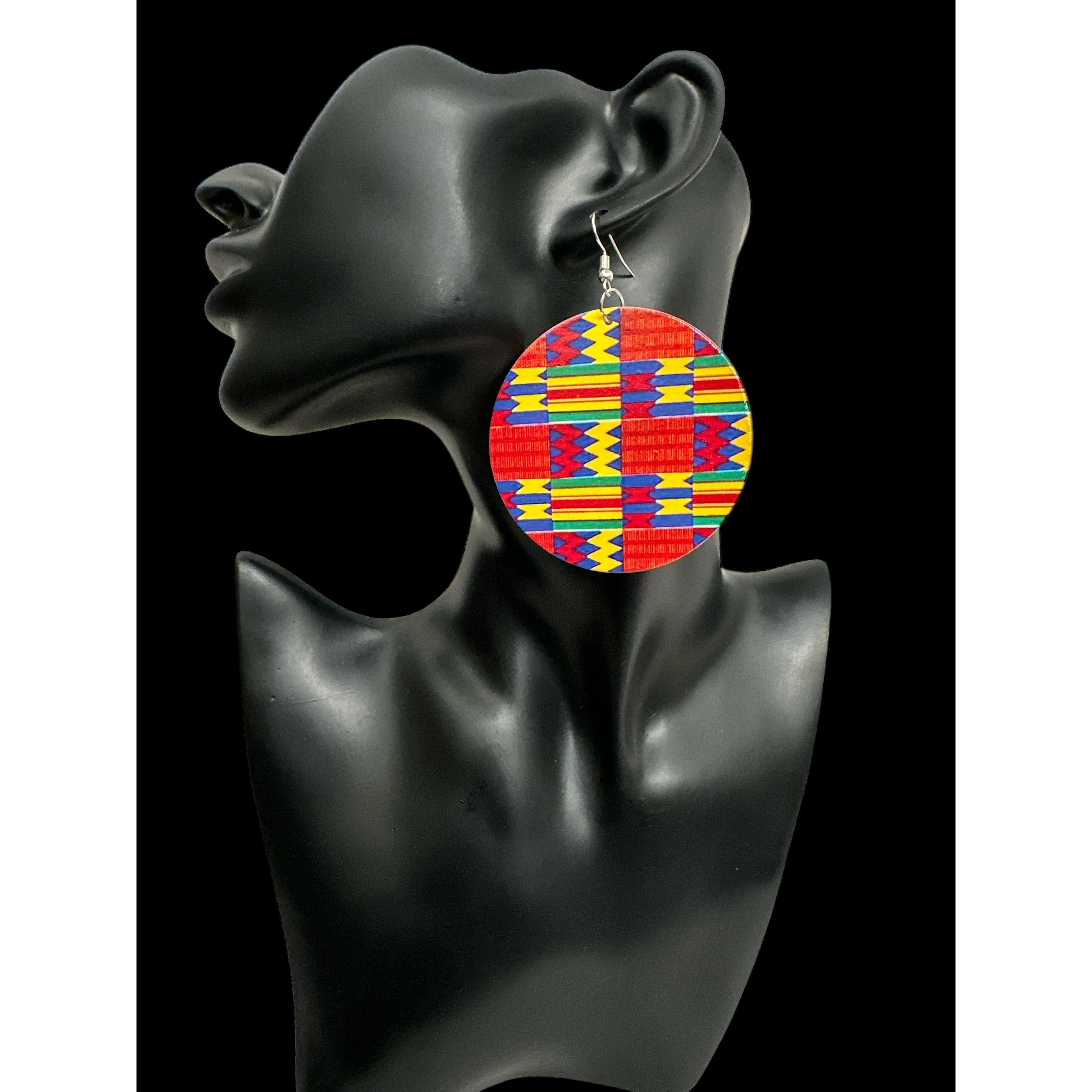 Double-Sided African Print Wood Dangle Earrings, Lightweight Tribal Statement