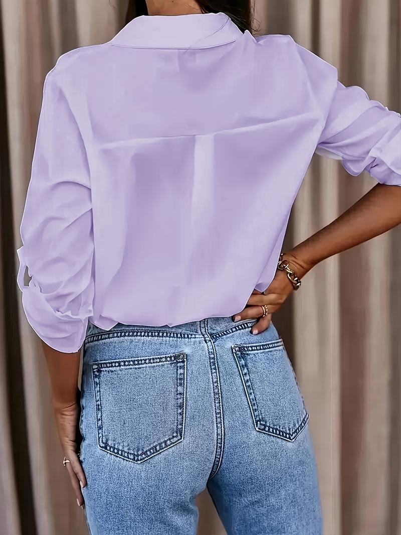 Product Introduction of Solid Button Front Shirt, Casual Turn Down Collar Office Work Shirt, Women's Clothing 20