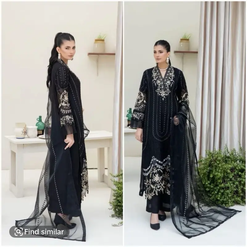 Beautiful Chiffon Embroidered 3pc Suit with Soft Net Dupatta and Plain Plazoo for Women's Formal Wear - Womenswear 3