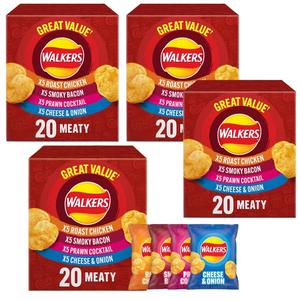 Walkers Meaty Variety Potato Crisps - Pack of 80 x 25g (Flavours: x20 Roast Chicken, x20 Smoky Bacon, x20 Prawn Cocktail, x20 Cheese & Onion) Snack