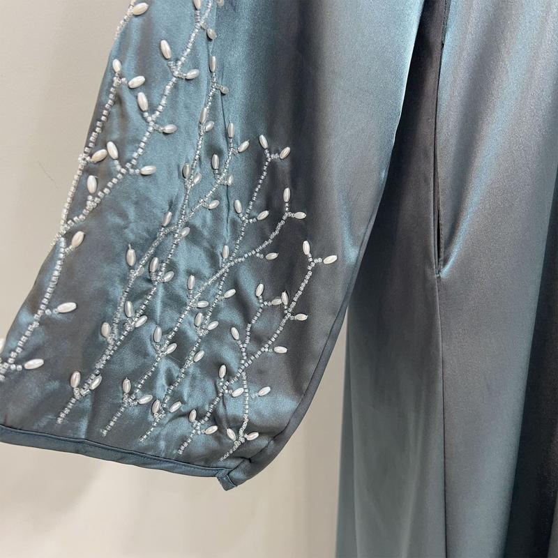 Product Introduction of HS1024 1pcs Satin Cardigan Handmade Beaded Dress Abaya 24